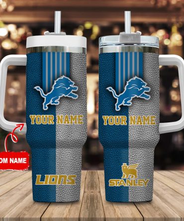 Detroit Lions Nfl Leather Effect Custom Stanley Quencher 40Oz Stainless Steel Tumbler With Handle