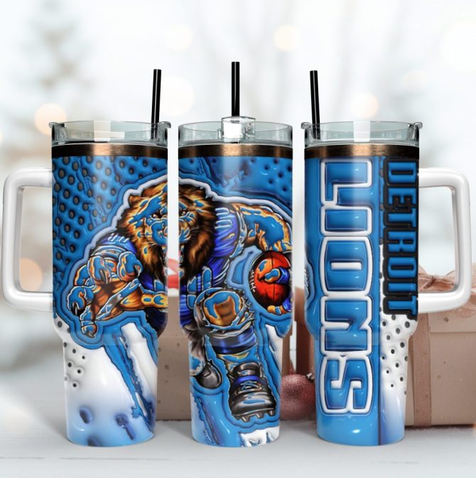 Detroit Lions Nfl Mascot Custom Stanley Quencher 40Oz Stainless Steel Tumbler With Handle