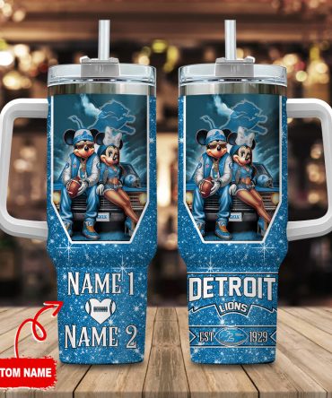 Detroit Lions Nfl Mickey And Minnie Couple Custom Stanley Quencher 40Oz Stainless Steel Tumbler With Handle