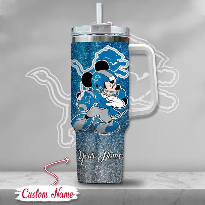 Detroit Lions Nfl Mickey Mouse Glitter Custom Stanley Quencher 40Oz Stainless Steel Tumbler With Handle - Image 2