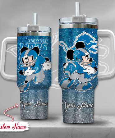 Detroit Lions Nfl Mickey Mouse Glitter Custom Stanley Quencher 40Oz Stainless Steel Tumbler With Handle