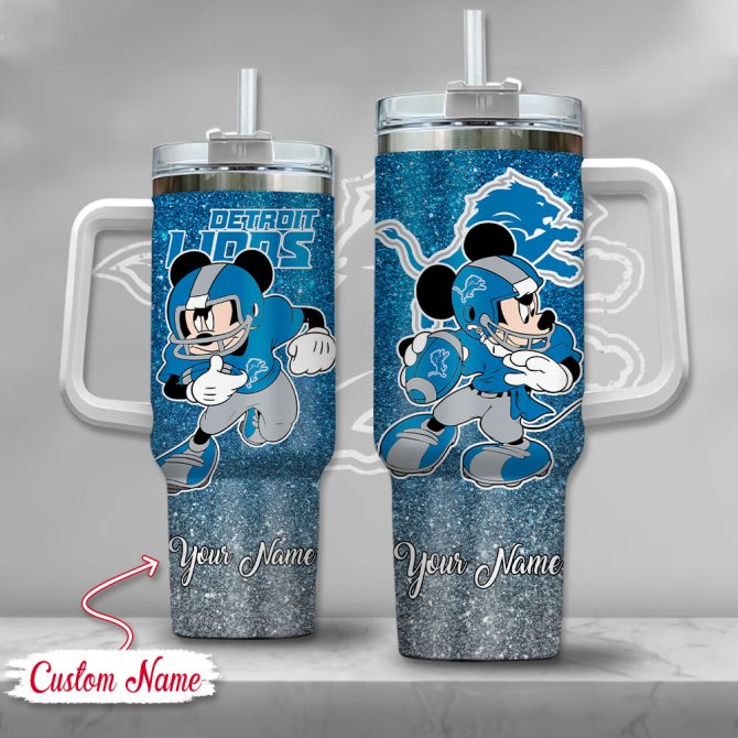Detroit Lions Nfl Mickey Mouse Glitter Custom Stanley Quencher 40Oz Stainless Steel Tumbler With Handle