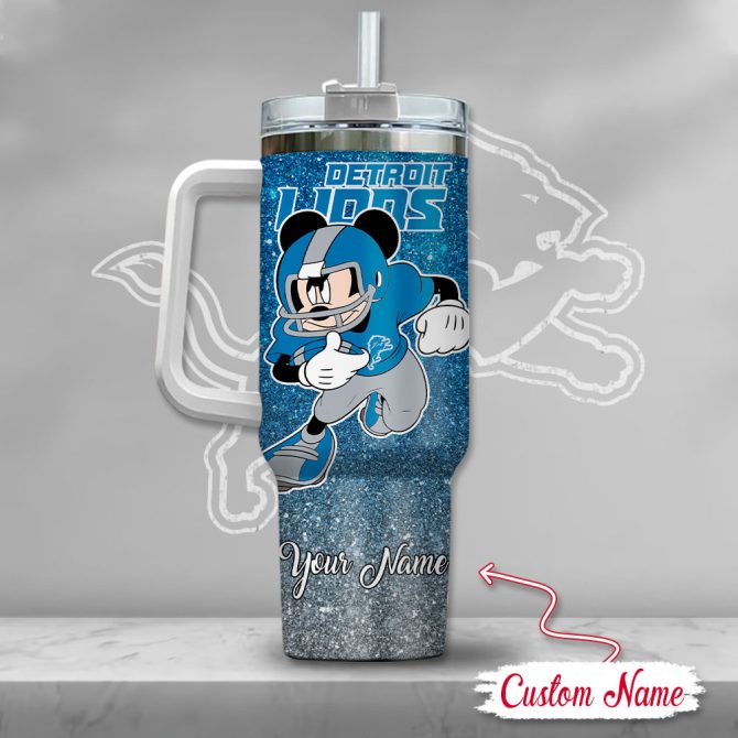 Detroit Lions Nfl Mickey Mouse Glitter Custom Stanley Quencher 40Oz Stainless Steel Tumbler With Handle - Image 3