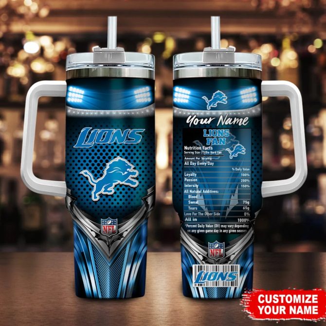 Detroit Lions Nfl Nutrition Facts Custom Stanley Quencher 40Oz Stainless Steel Tumbler With Handle