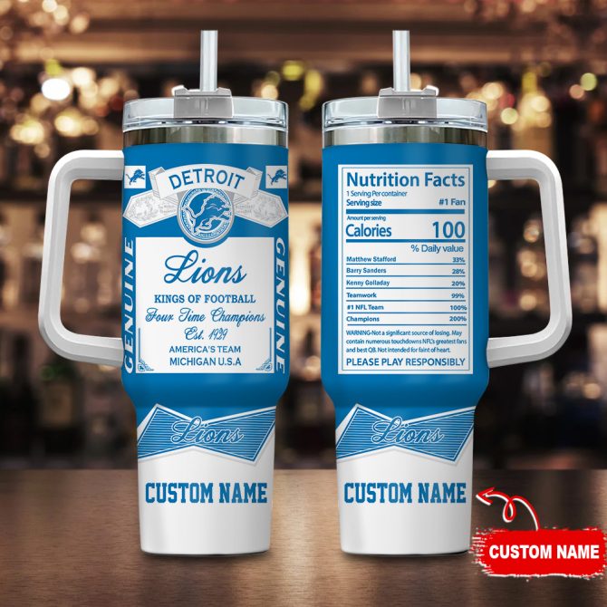 Detroit Lions Nfl Nutrition Facts Custom Stanley Quencher 40Oz Stainless Steel Tumbler With Handle