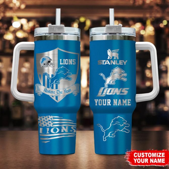 Detroit Lions Nfl Silver Logo Custom Stanley Quencher 40Oz Stainless Steel Tumbler With Handle