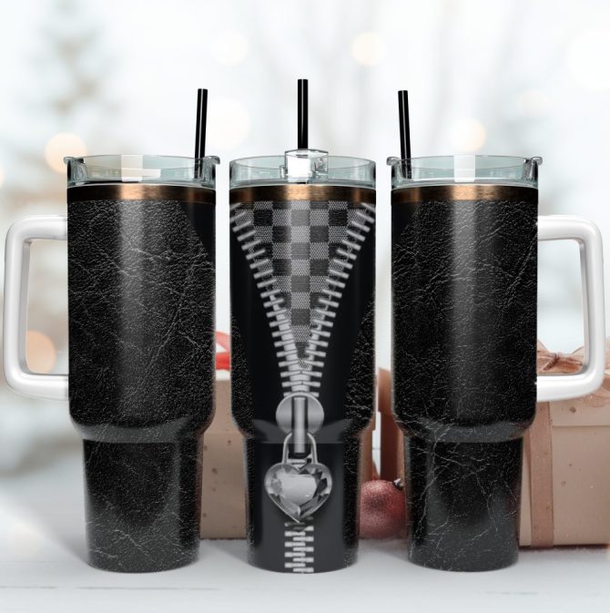 Diamond Heart Zipper Leather Pattern Custom Stanley Quencher 40Oz Stainless Steel Tumbler With Handle
