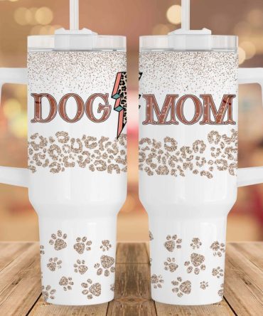 Dog Mom Glitter Leopard Print Custom Stanley Quencher 40Oz Stainless Steel Tumbler With Handle