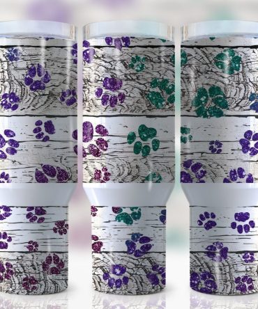 Dog Paw Glitter Custom Stanley Quencher 40Oz Stainless Steel Tumbler With Handle