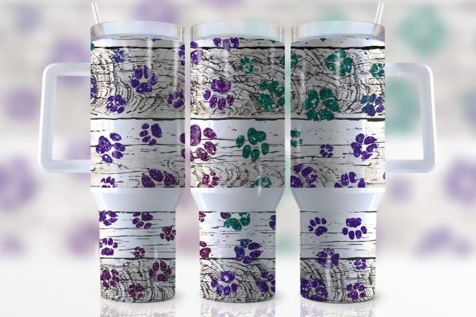 Dog Paw Glitter Custom Stanley Quencher 40Oz Stainless Steel Tumbler With Handle