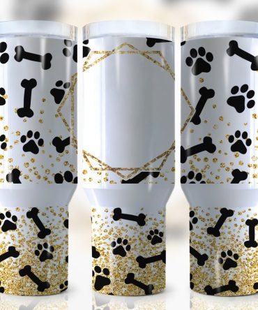 Dog Paw Gold Glitter Custom Stanley Quencher 40Oz Stainless Steel Tumbler With Handle