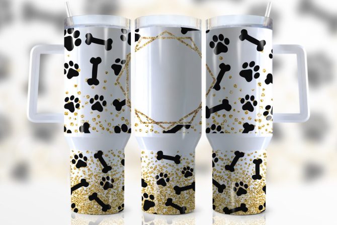 Dog Paw Gold Glitter Custom Stanley Quencher 40Oz Stainless Steel Tumbler With Handle