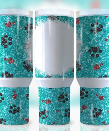 Dog Paw Teal Glitter Custom Stanley Quencher 40Oz Stainless Steel Tumbler With Handle