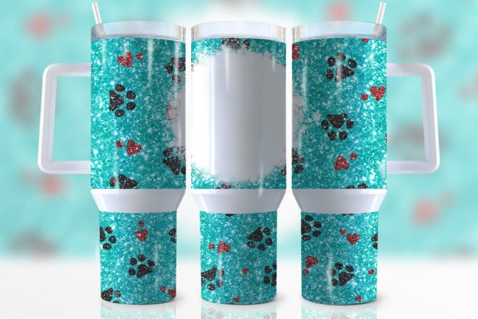 Dog Paw Teal Glitter Custom Stanley Quencher 40Oz Stainless Steel Tumbler With Handle