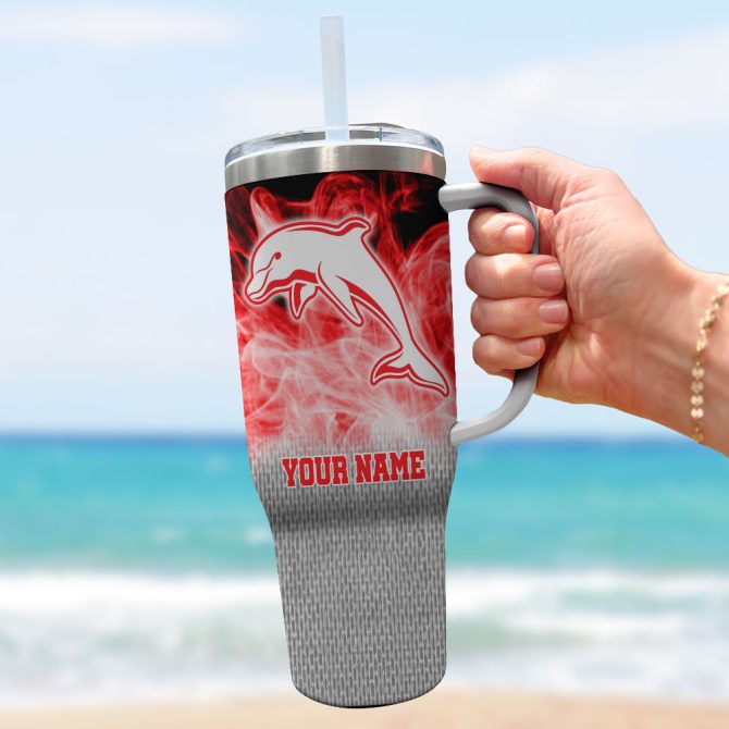 Dolphins Nrl Flame Effect Custom Stanley Quencher 40Oz Stainless Steel Tumbler With Handle - Image 2