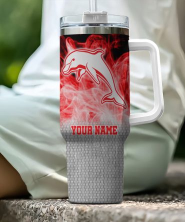 Dolphins Nrl Flame Effect Custom Stanley Quencher 40Oz Stainless Steel Tumbler With Handle