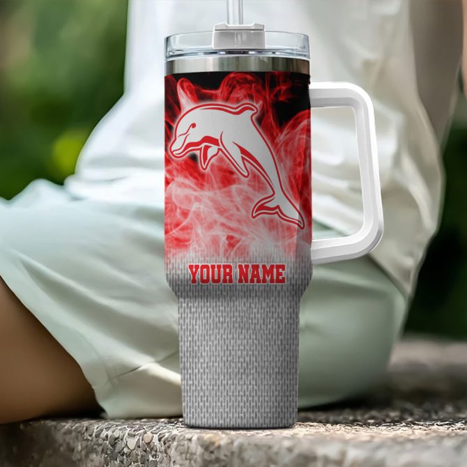 Dolphins Nrl Flame Effect Custom Stanley Quencher 40Oz Stainless Steel Tumbler With Handle