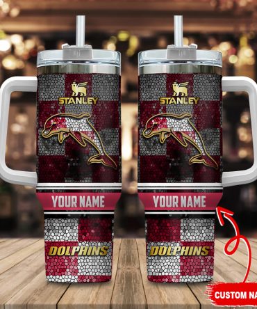 Dolphins Nrl Golden Logo Stained Glass Effect Custom Stanley Quencher 40Oz Stainless Steel Tumbler With Handle