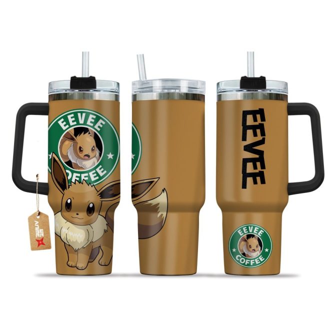 Eevee Coffee Pokemon Anime Custom Stanley Quencher 40Oz Stainless Steel Tumbler With Handle