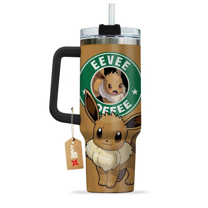 Eevee Coffee Pokemon Anime Custom Stanley Quencher 40Oz Stainless Steel Tumbler With Handle - Image 4
