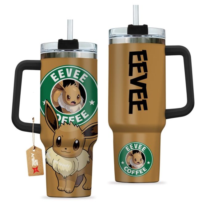 Eevee Coffee Pokemon Anime Custom Stanley Quencher 40Oz Stainless Steel Tumbler With Handle - Image 2