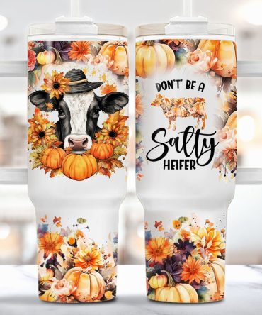 Fall Pumpkin Heifer Cow Custom Stanley Quencher 40Oz Stainless Steel Tumbler With Handle