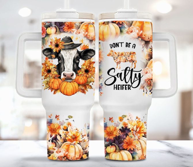Fall Pumpkin Heifer Cow Custom Stanley Quencher 40Oz Stainless Steel Tumbler With Handle