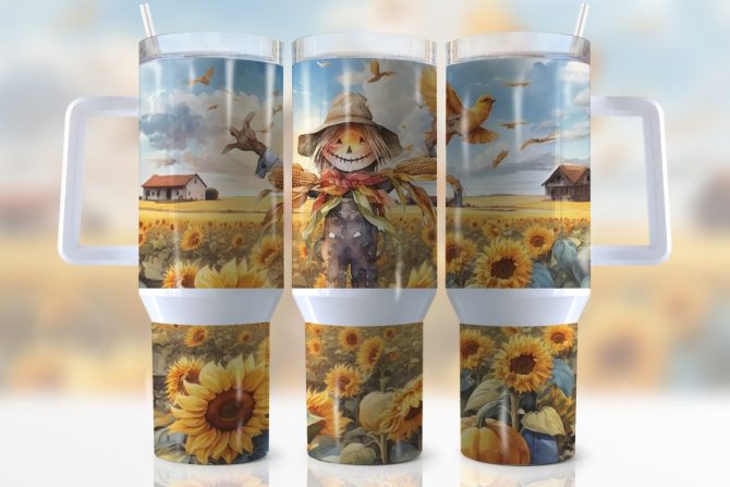 Fall Sunflower Scarecrow Custom Stanley Quencher 40Oz Stainless Steel Tumbler With Handle