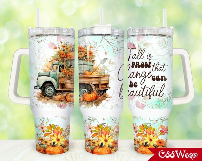 Fall Teal Truck Custom Stanley Quencher 40Oz Stainless Steel Tumbler With Handle