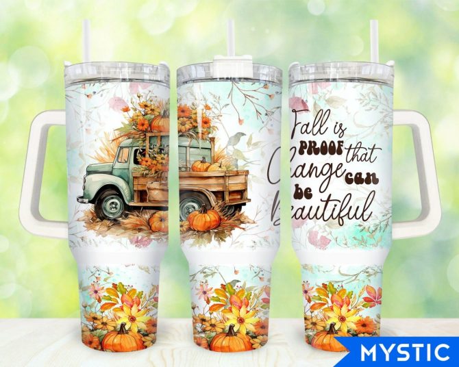 Fall Teal Truck Pumpkins Custom Stanley Quencher 40Oz Stainless Steel Tumbler With Handle