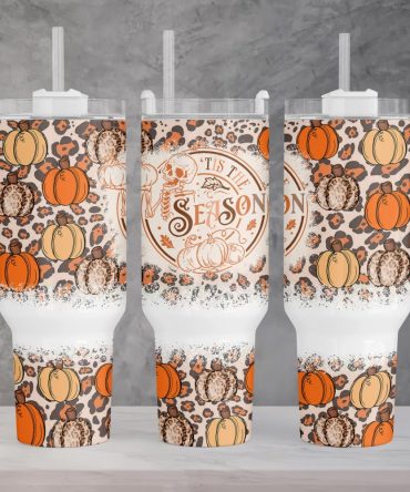 Fall Vibes Pumpkins Leopard Print Custom Stanley Quencher 40Oz Stainless Steel Tumbler With Handle