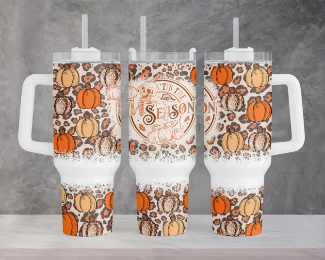 Fall Vibes Pumpkins Leopard Print Custom Stanley Quencher 40Oz Stainless Steel Tumbler With Handle