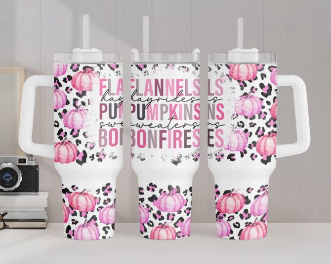 Flannels Pumpkins Bonfires Fall Vibes Custom Stanley Quencher 40Oz Stainless Steel Tumbler With Handle