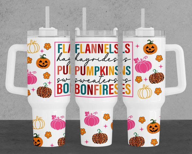 Flannels Pumpkins Bonfires Fall Vibes Custom Stanley Quencher 40Oz Stainless Steel Tumbler With Handle