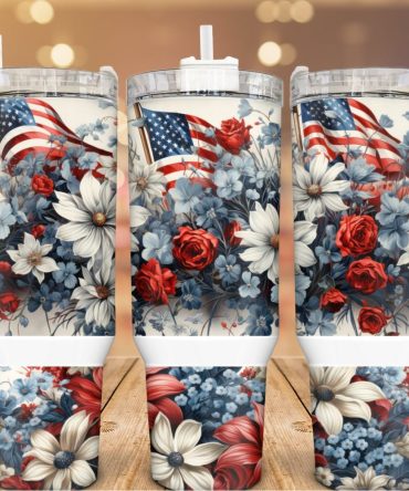 Floral American Flag Custom Stanley Quencher 40Oz Stainless Steel Tumbler With Handle