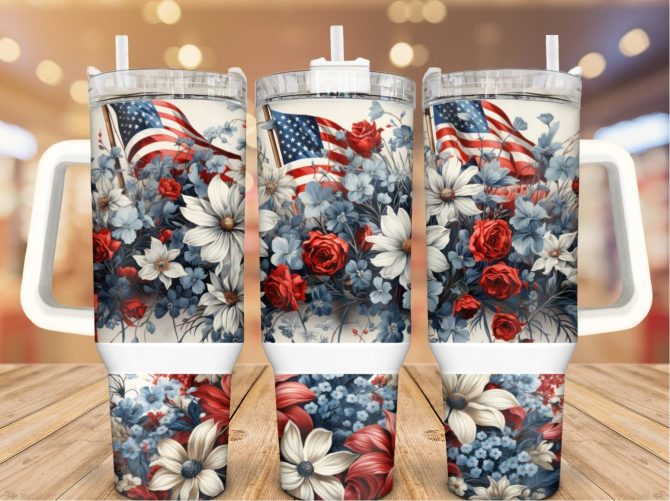 Floral American Flag Custom Stanley Quencher 40Oz Stainless Steel Tumbler With Handle