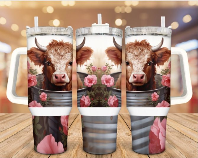 Floral Baby Cow Custom Stanley Quencher 40Oz Stainless Steel Tumbler With Handle