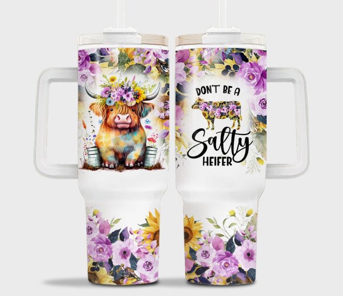 Floral Baby Highland Cow Custom Stanley Quencher 40Oz Stainless Steel Tumbler With Handle - Image 2