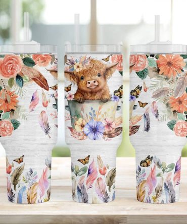Floral Baby Highland Cow Custom Stanley Quencher 40Oz Stainless Steel Tumbler With Handle