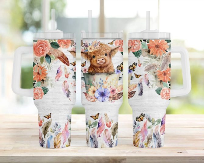 Floral Baby Highland Cow Custom Stanley Quencher 40Oz Stainless Steel Tumbler With Handle