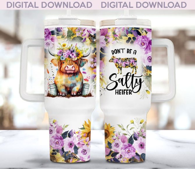 Floral Baby Highland Cow Custom Stanley Quencher 40Oz Stainless Steel Tumbler With Handle