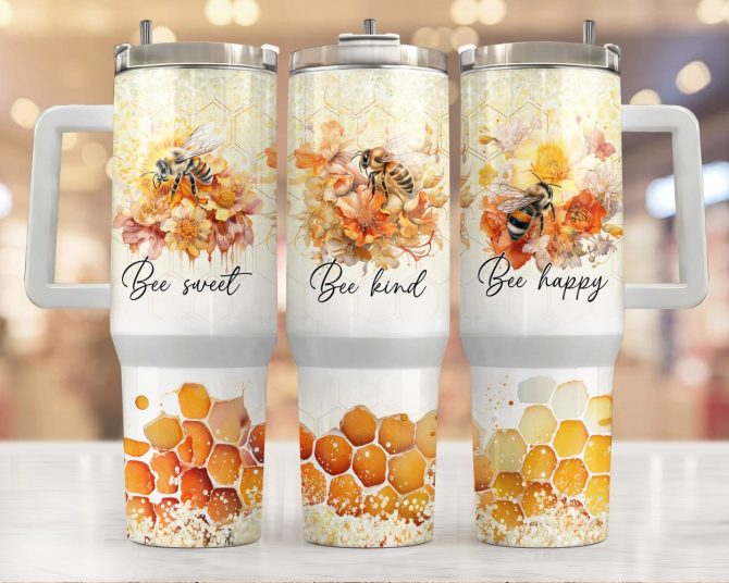 Floral Bee Custom Stanley Quencher 40Oz Stainless Steel Tumbler With Handle