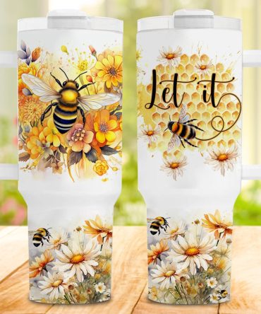 Floral Bees Honeycomb Custom Stanley Quencher 40Oz Stainless Steel Tumbler With Handle