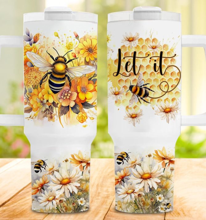 Floral Bees Honeycomb Custom Stanley Quencher 40Oz Stainless Steel Tumbler With Handle