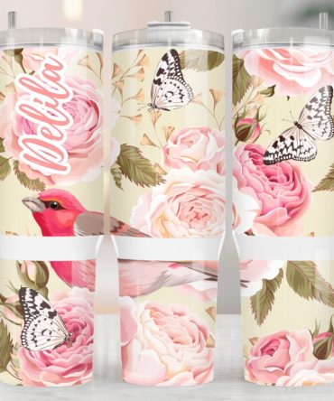 Floral Bird Butterflies Custom Stanley Quencher 40Oz Stainless Steel Tumbler With Handle