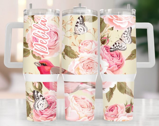 Floral Bird Butterflies Custom Stanley Quencher 40Oz Stainless Steel Tumbler With Handle