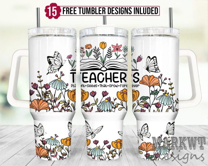 Floral Book Gift For Teacher Custom Stanley Quencher 40Oz Stainless Steel Tumbler With Handle