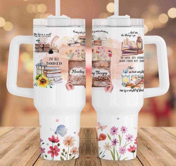 Floral Bookworm Custom Stanley Quencher 40Oz Stainless Steel Tumbler With Handle - Image 4