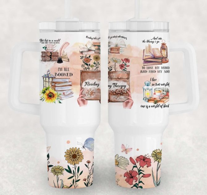 Floral Bookworm Custom Stanley Quencher 40Oz Stainless Steel Tumbler With Handle - Image 3