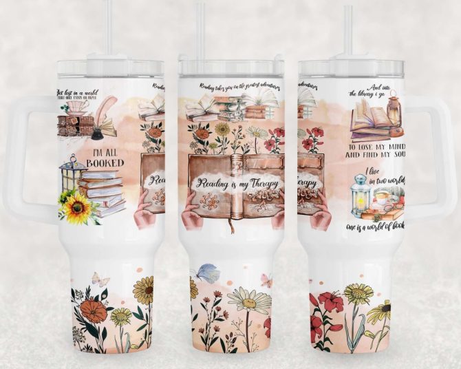 Floral Bookworm Custom Stanley Quencher 40Oz Stainless Steel Tumbler With Handle - Image 2